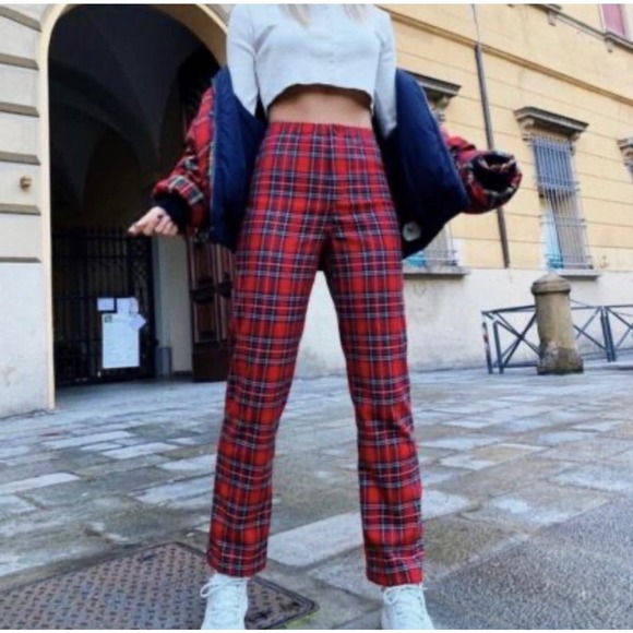 Brandy Melville Pants - Brandy Melville Red Plaid Kim Tilden High Waisted Pants - One Size